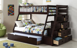 Bunk Bed - Twin over Double with Trundle, Drawers, Staircase Solid Wood - Espresso