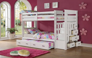 Bunk Bed - Twin over Twin with Trundle, Drawers, Staircase Solid Wood - White