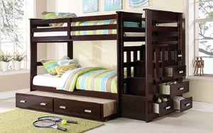 Bunk Bed - Twin over Twin with Trundle, Drawers, Staircase Solid Wood - Espresso