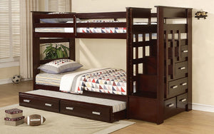 Bunk Bed - Twin over Twin with Trundle, Drawers, Staircase Solid Wood - Espresso