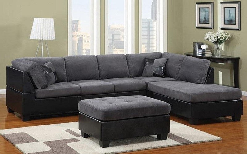 Fabric Sectional Set with Left Or Right Side Chaise and Ottoman - Grey | Charcoal Grey