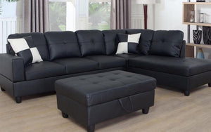 Leather Sectional Set with Chaise and Ottoman - Black