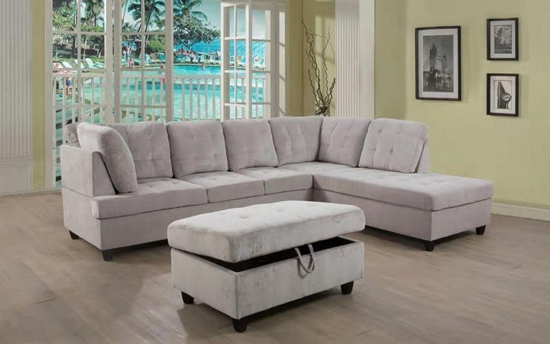 Fabric Sectional Set with Chaise and Ottoman - Light Grey