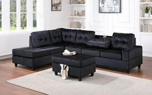 Velvet Fabric Sectional Set with Chaise and Ottoman - Black