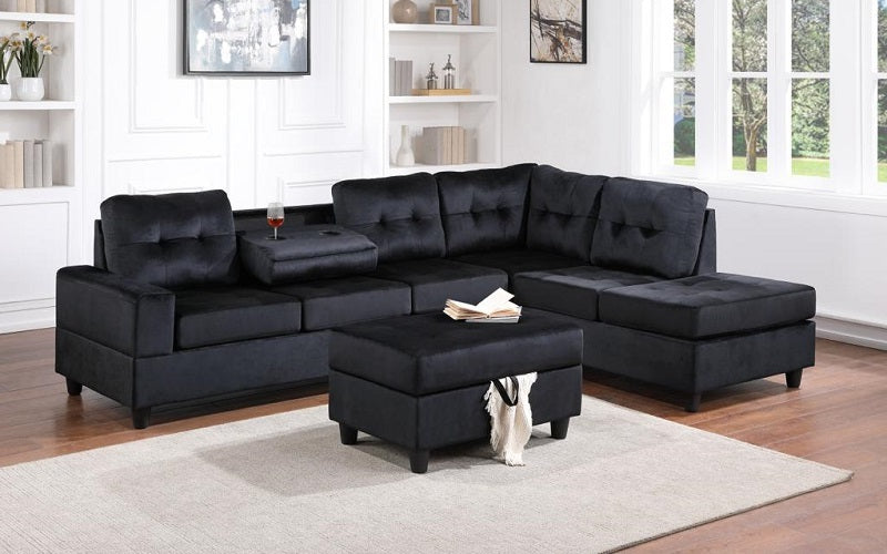 Velvet Fabric Sectional Set with Chaise and Ottoman - Black