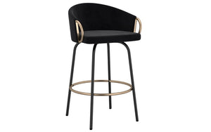 Bar Stool With Velvet Fabric & Gold Accent Footrest & Arm - Black - Set of 2 pc (26'' Counter Height)