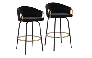 Bar Stool With Velvet Fabric & Gold Accent Footrest & Arm - Black - Set of 2 pc (26'' Counter Height)