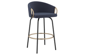 Bar Stool With Velvet Fabric & Gold Accent Footrest & Arm - Blue - Set of 2 pc (26'' Counter Height)