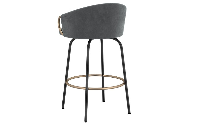 Bar Stool With Velvet Fabric & Gold Accent Footrest & Arm - Grey - Set of 2 pc (26'' Counter Height)