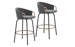 Bar Stool With Velvet Fabric & Gold Accent Footrest & Arm - Grey - Set of 2 pc (26'' Counter Height)