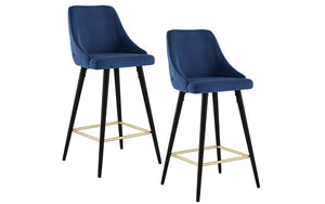 Bar Stool With Velvet Fabric & Gold Accent Footrest - Blue - Set of 2 pc (26'' Counter Height)