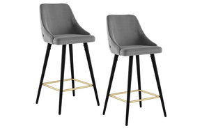 Bar Stool With Velvet Fabric & Gold Accent Footrest - Grey | Mustard - Set of 2 pc (26'' Counter Height)