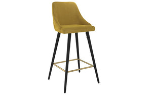 Bar Stool With Velvet Fabric & Gold Accent Footrest - Grey | Mustard - Set of 2 pc (26'' Counter Height)