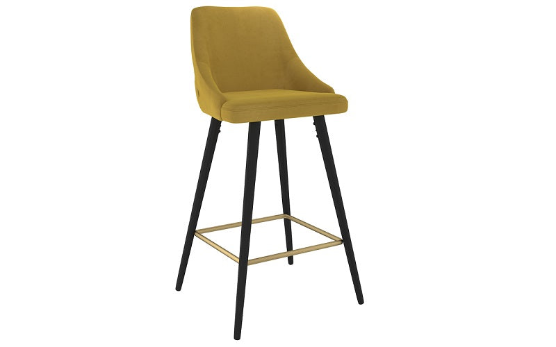 Bar Stool With Velvet Fabric & Gold Accent Footrest - Grey | Mustard - Set of 2 pc (26'' Counter Height)