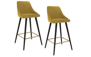 Bar Stool With Velvet Fabric & Gold Accent Footrest - Grey | Mustard - Set of 2 pc (26'' Counter Height)