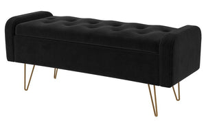 Velvet Fabric Storage Bench or Ottoman with Metal Gold Legs - Black | Grey