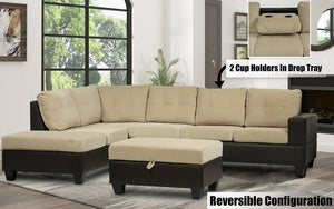 Fabric Sectional Set with Reversible Chaise and Ottoman - Beige | Brown