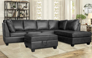 Air Leather Sectional Set with Reversible Chaise and Ottoman - Black