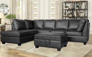 Air Leather Sectional Set with Reversible Chaise and Ottoman - Black