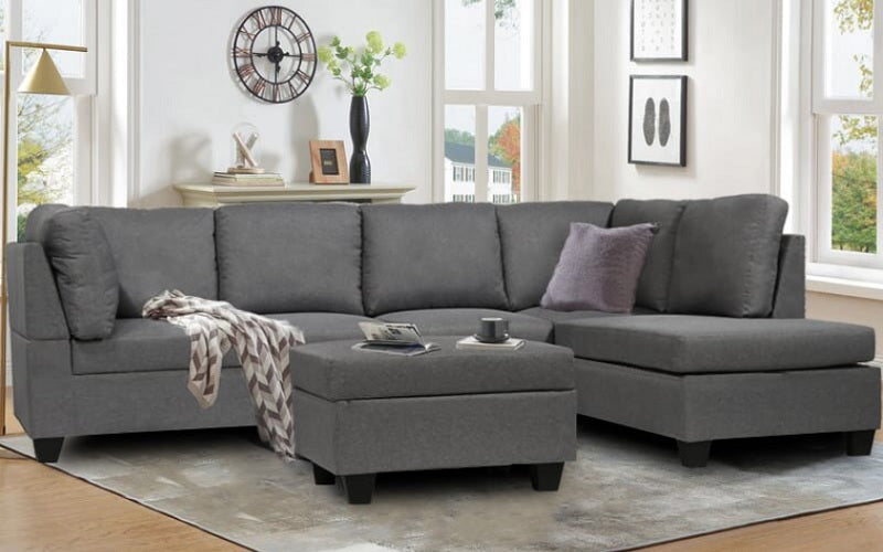 Fabric Sectional Set with Reversible Chaise and Ottoman - Grey