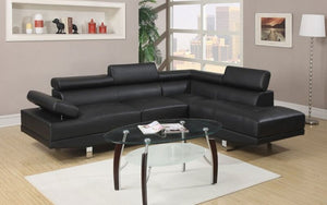 Leather Sectional with Adjustable Headrest and Chaise - Black