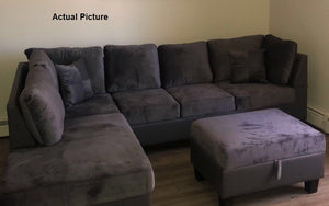 Fabric Sectional Set with Chaise and Ottoman - Grey | Charcoal Grey (Two-Tone)