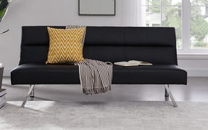 Leather Sofa Bed with Chrome Legs - Black