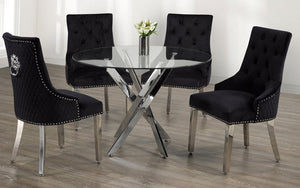 Kitchen Set with Round Glass Top and Velvet Fabric Chair - 5 pc - White | Blue | Black | Grey