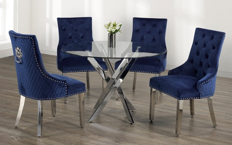 Kitchen Set with Round Glass Top and Velvet Fabric Chair - 5 pc - White | Blue | Black | Grey