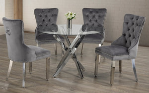 Kitchen Set with Round Glass Top and Velvet Fabric Chair - 5 pc - Black | Grey | Blue | White