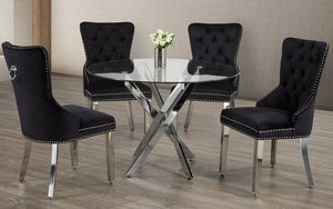 Kitchen Set with Round Glass Top and Velvet Fabric Chair - 5 pc - Black | Grey | Blue | White