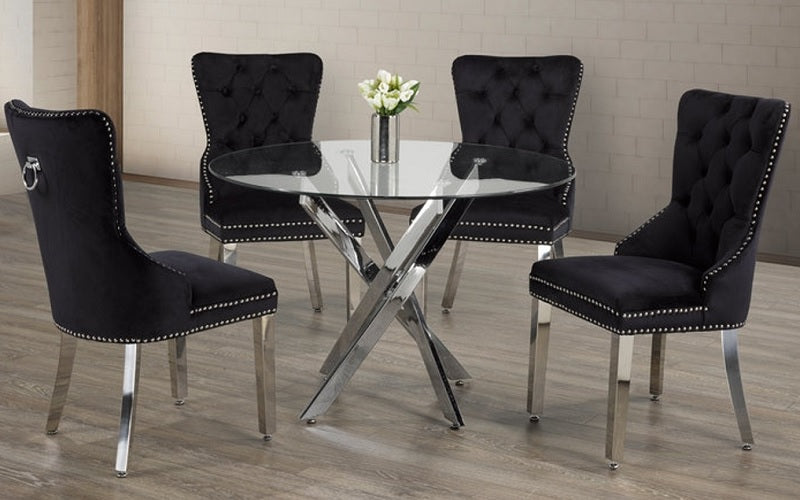 Kitchen Set with Round Glass Top and Velvet Fabric Chair - 5 pc - Black | Grey | Blue | White