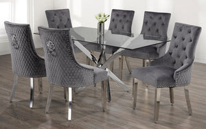 Kitchen Set with Glass Top and Velvet Fabric Chair - 7 pc - Blue | White | Grey | Black