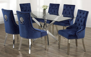 Kitchen Set with Glass Top and Velvet Fabric Chair - 7 pc - Blue | White | Grey | Blackv