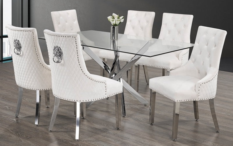 Kitchen Set with Glass Top and Velvet Fabric Chair - 7 pc - Blue | White | Grey | Blackv
