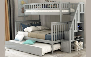 Bunk Bed - Twin over Double with Trundle, Storage, Staircase Solid Wood - Grey