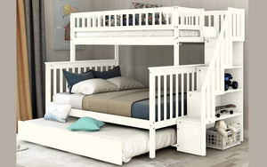 Bunk Bed - Twin over Double with Trundle, Storage, Staircase Solid Wood - Off-White