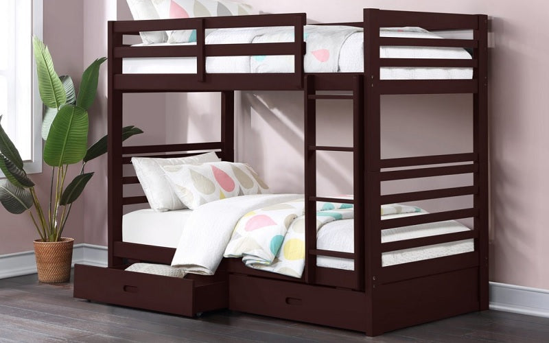 Bunk Bed - Twin over Twin with 2 Drawers Solid Wood - Espresso