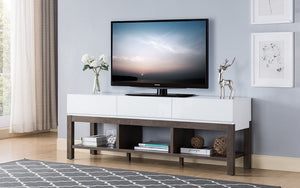 TV Stand with Shelf and Drawers - White & Walnut Oak
