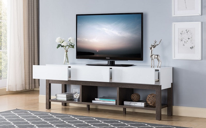 TV Stand with Shelf and Drawers - White & Walnut Oak