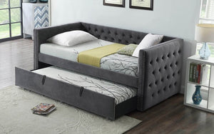 Fabric Day Bed with Nailhead Accents and Twin Trundle - Grey