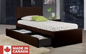 Leather Platform Bed with Storage and Twin Trundle - Espresso (Made in Canada)