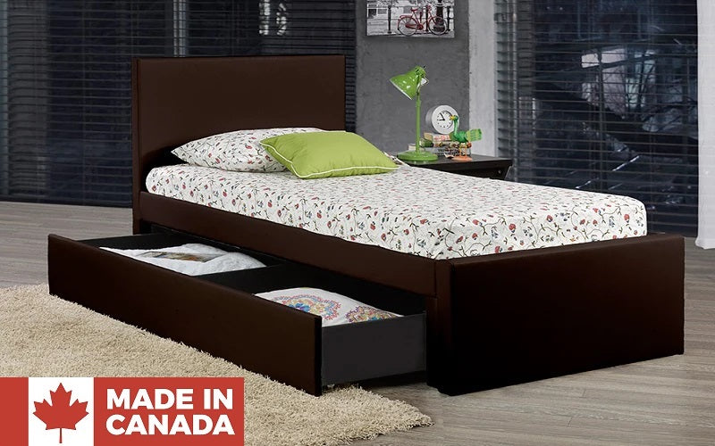 Leather Platform Bed with Storage and Twin Trundle - Espresso (Made in Canada)