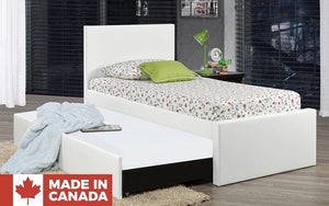 Leather Platform Bed with Storage and Twin Trundle - White (Made in Canada)