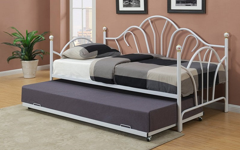 White metal twin shop bed with trundle