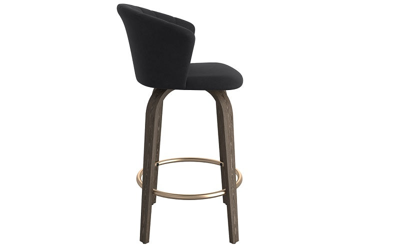 Bar Stool With Velvet Fabric & Solid Wood Legs - Black (26'' Counter Height)